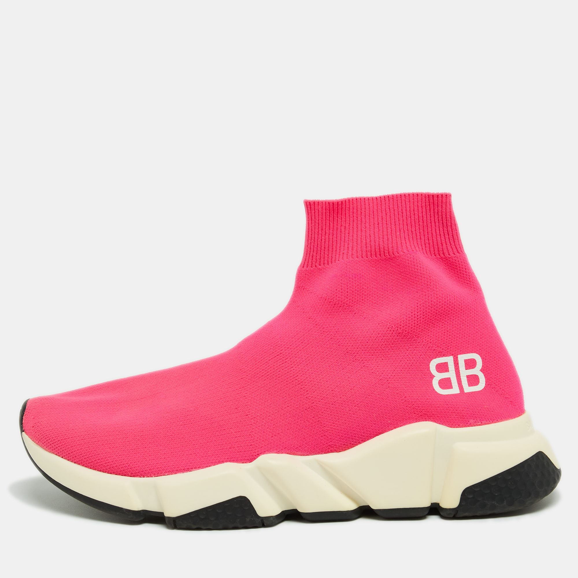 Balenciaga Neon Pink Knit Fabric Speed Trainer Sneakers Size 38