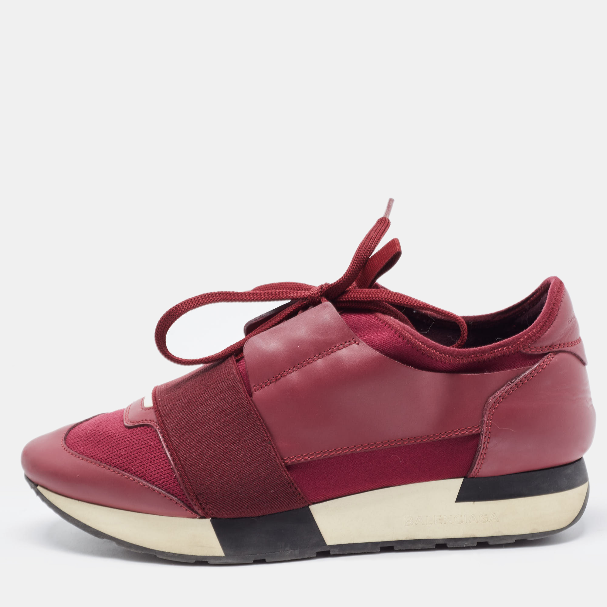 Balenciaga Burgundy Leather And  Mesh Race Runner Sneakers Size 37