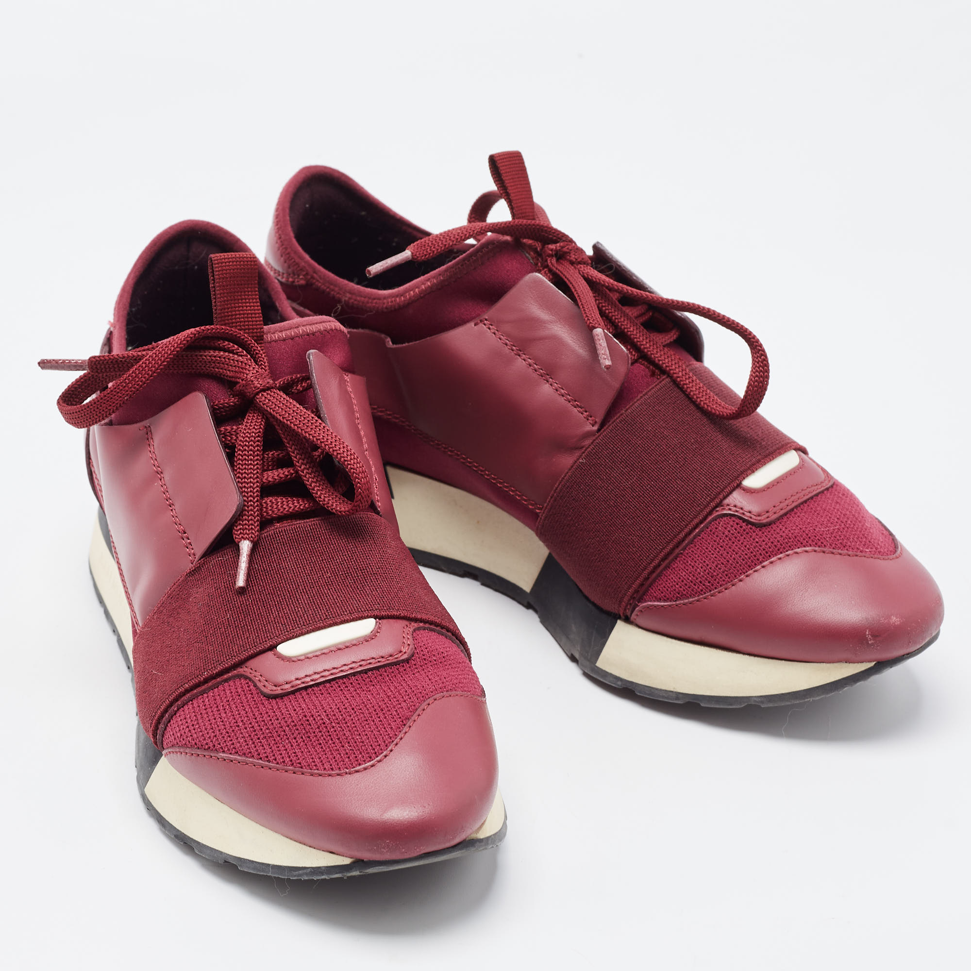 Balenciaga Burgundy Leather And  Mesh Race Runner Sneakers Size 37