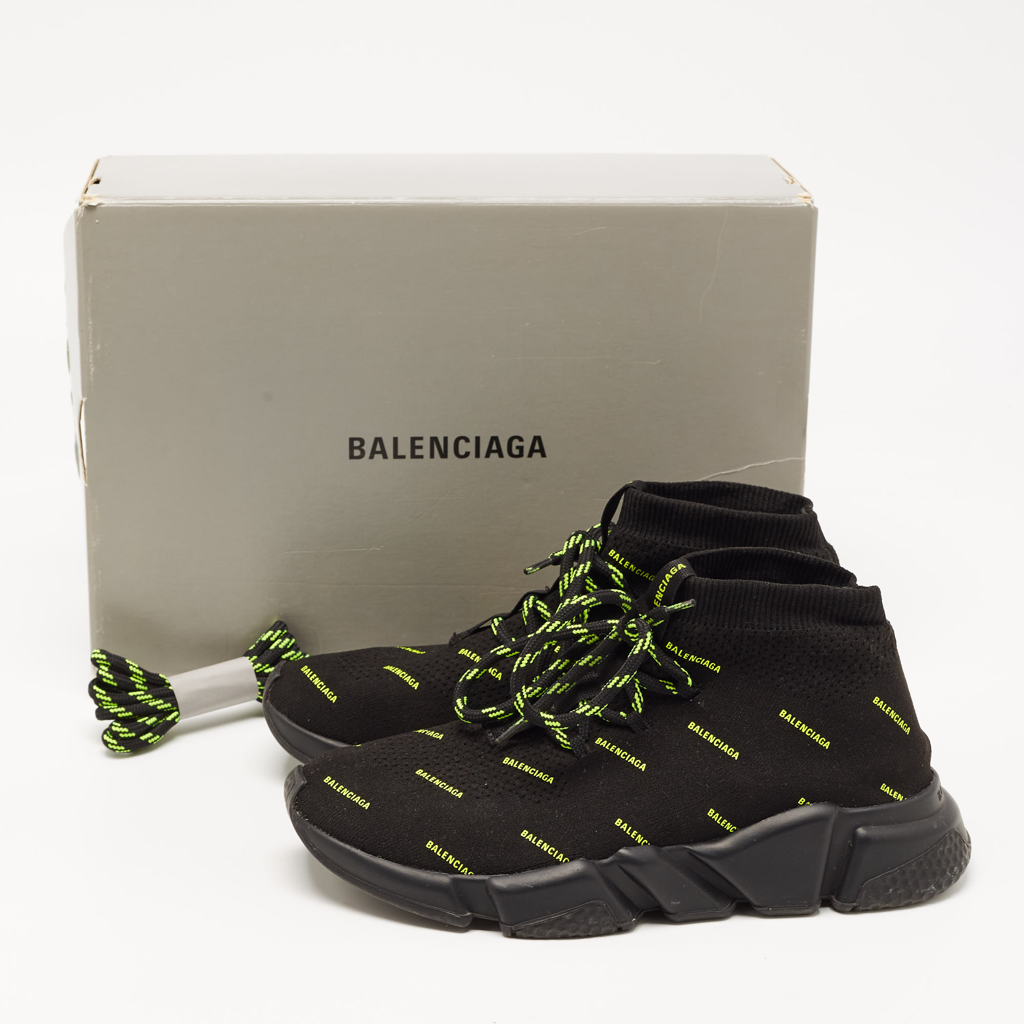 Balenciaga Black/Neon Green Logo Print Knit Fabric Speed Trainer Sneakers Size 39