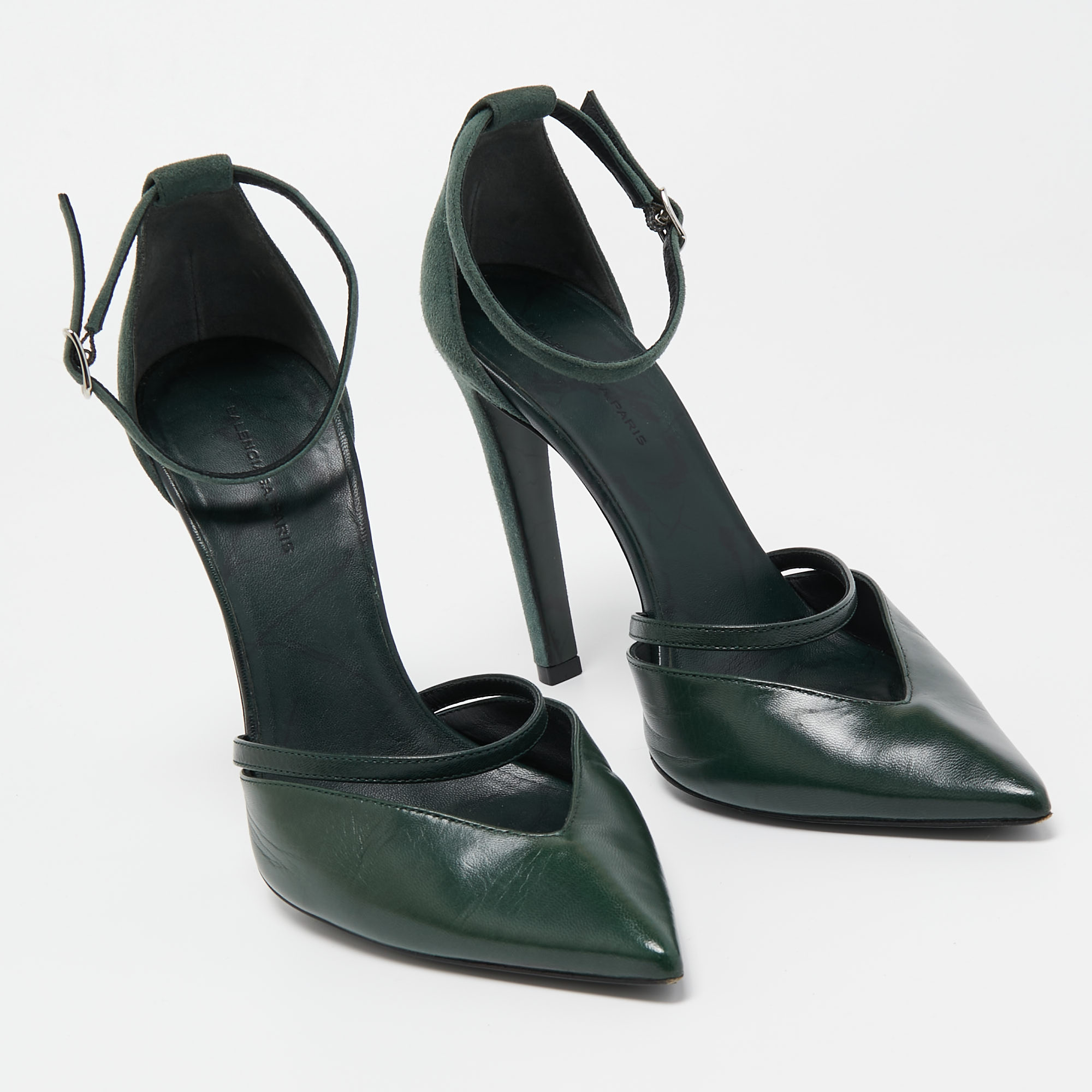 Balenciaga Green Leather And Suede Ankle Strap Pumps Size 38