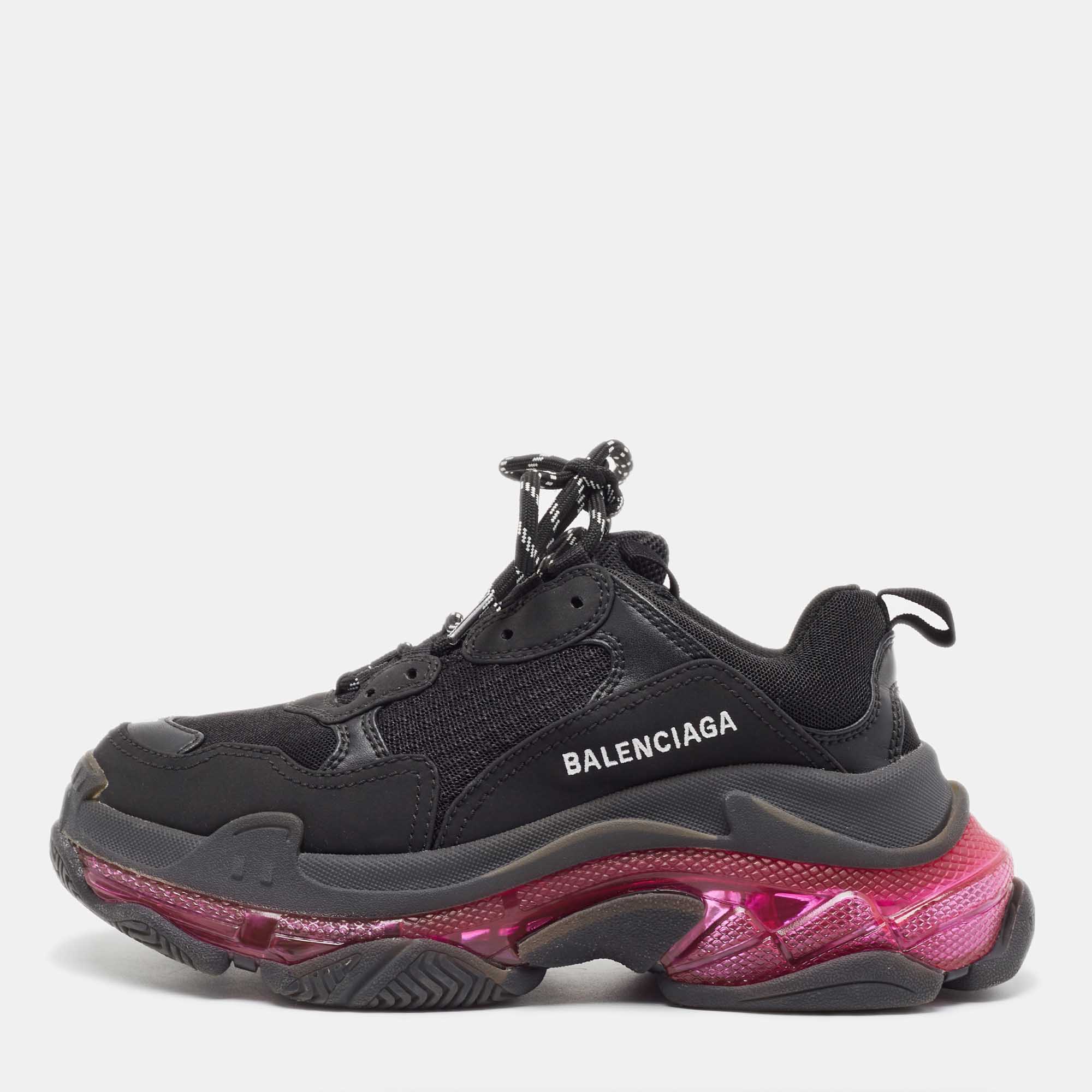 Balenciaga Black Leather And Mesh Triple S Clear Sneakers Size 37