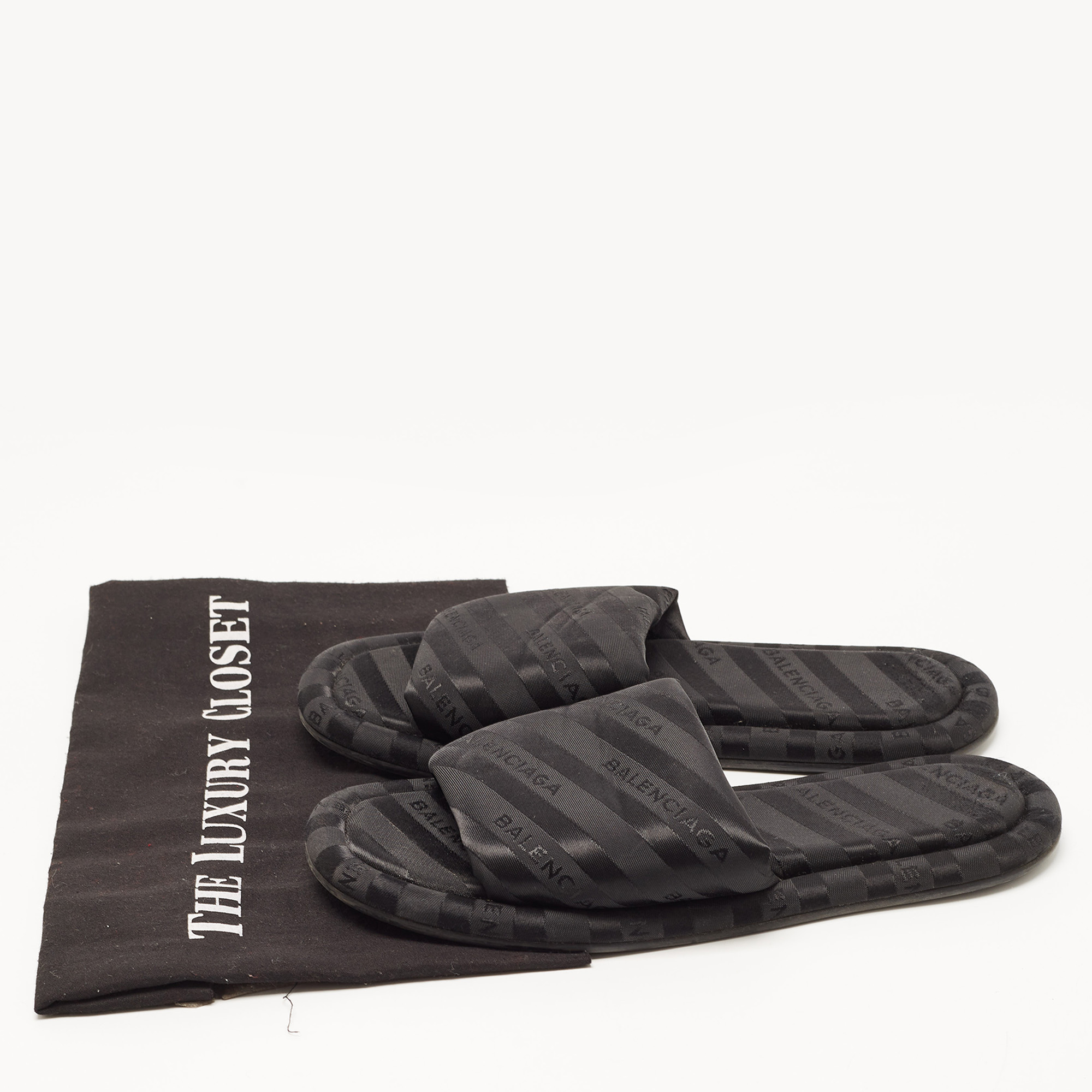 Balenciaga Black Logo Print Fabric Flat Slides Size 35