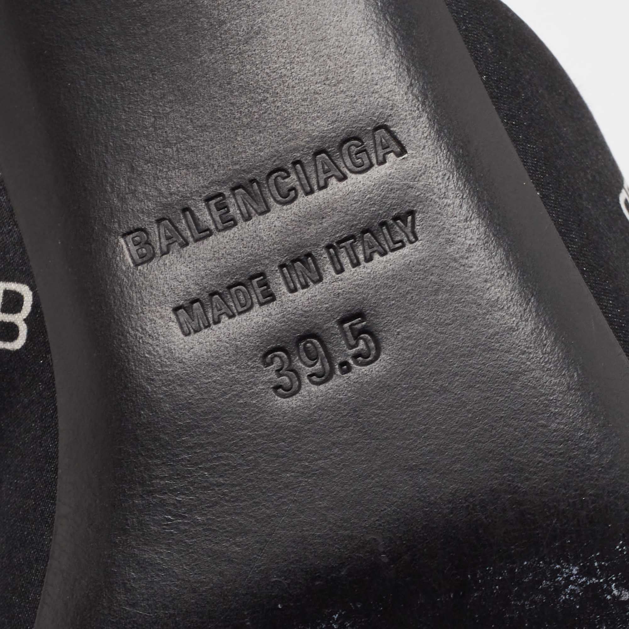 Balenciaga Black Logo Print Satin Knife Slingback Pumps Size 39.5