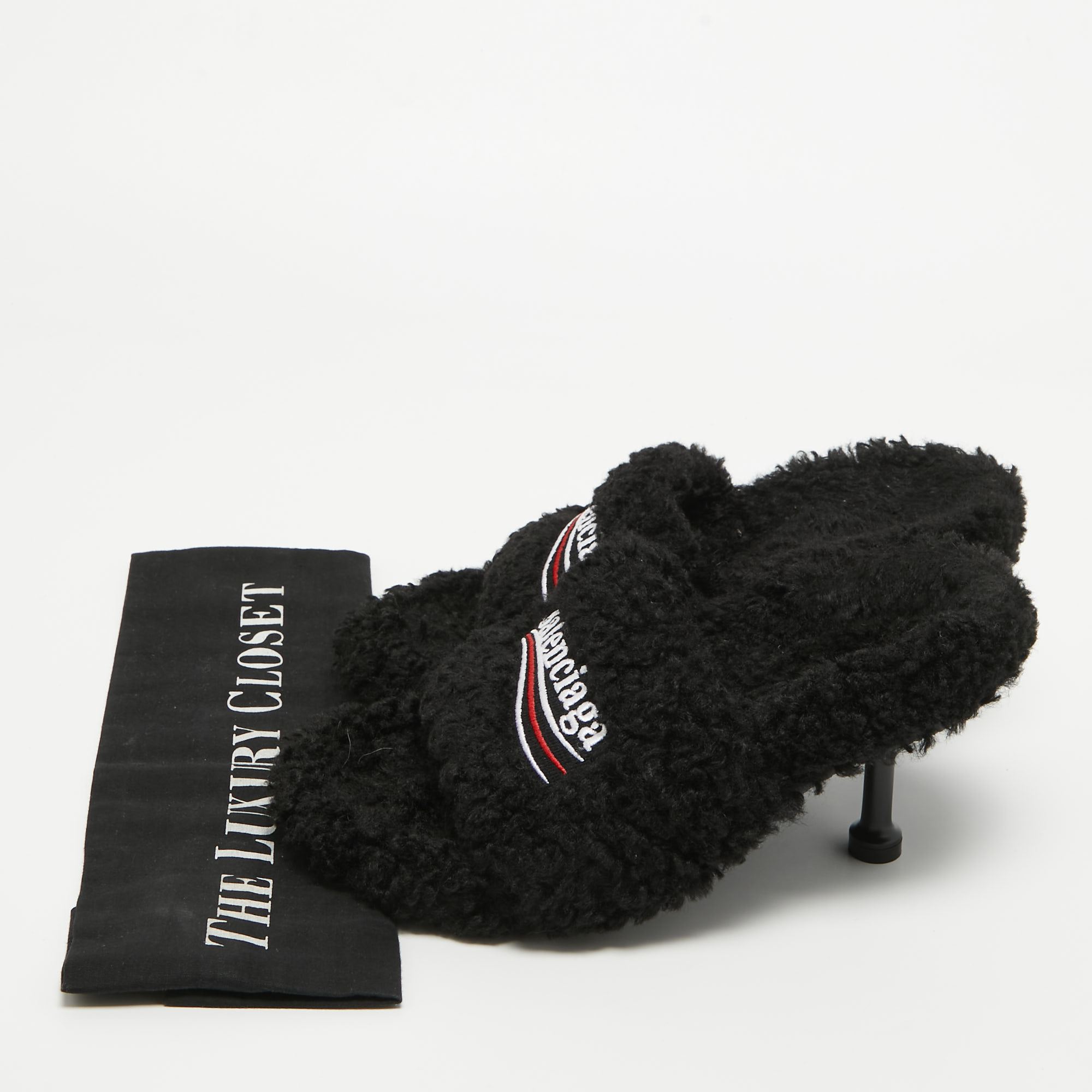 Balenciaga Black Faux Shearling Fur Furry Slide Sandals Size 36