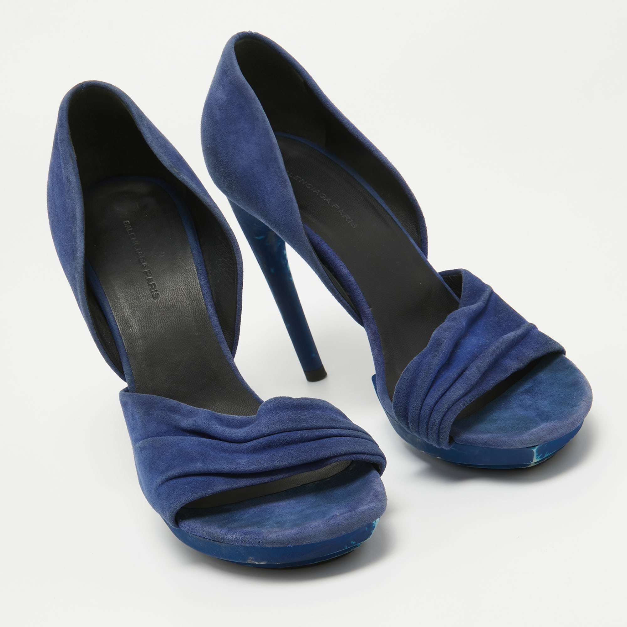 Balenciaga Blue Pleated Suede Platform D'orsay Sandals Size 38