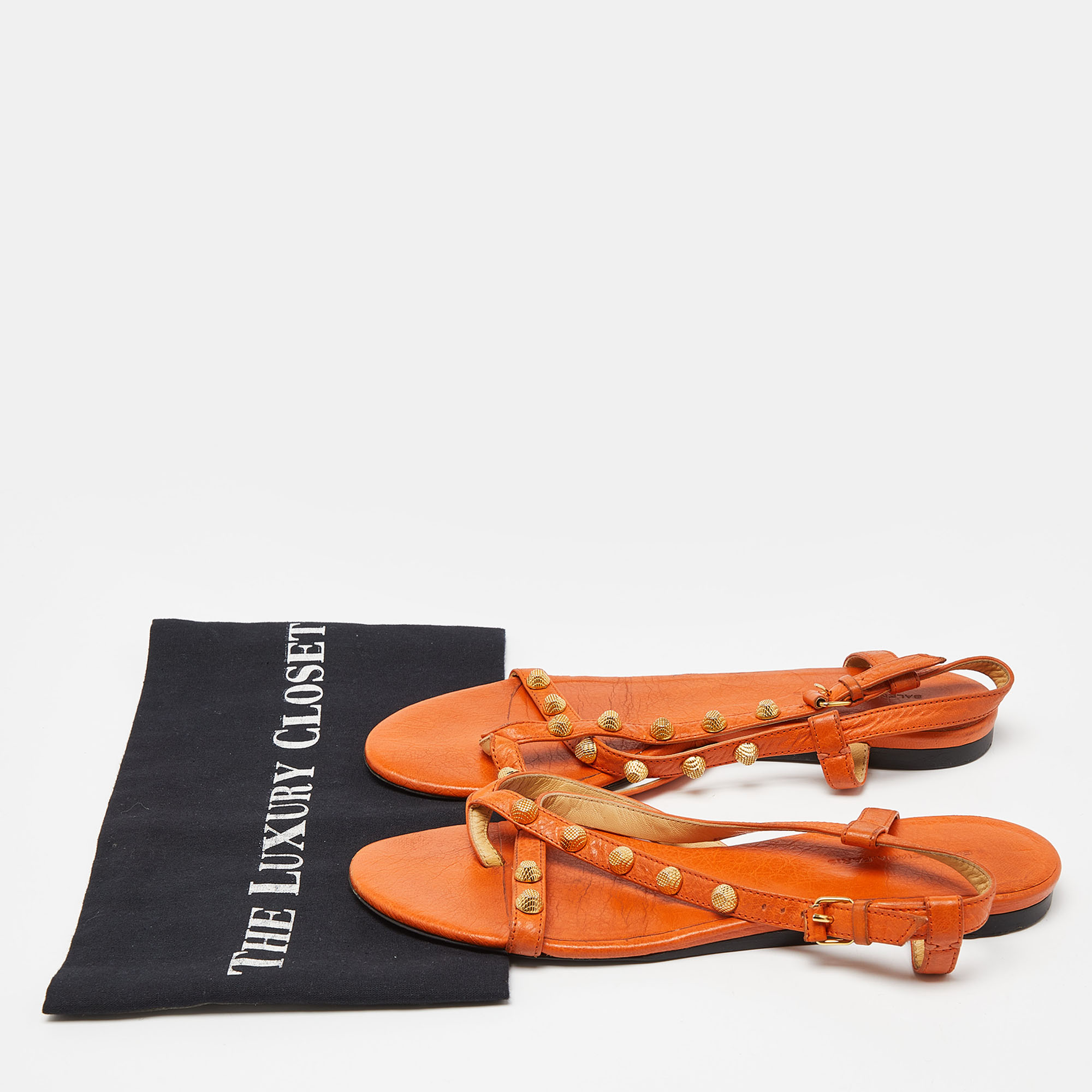 Balenciaga Orange Leather Arena Studded Thong Sandals Size 38.5