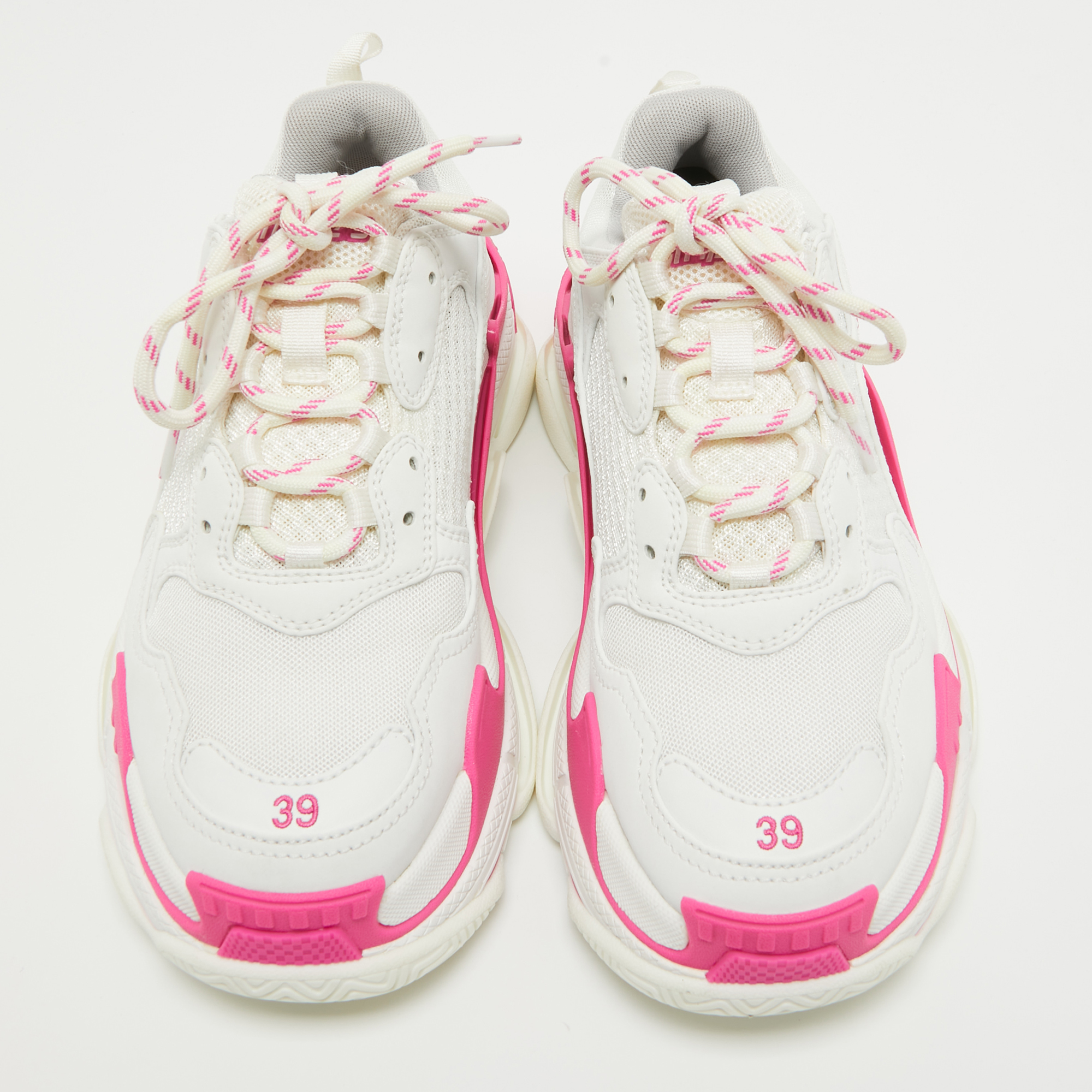 Balenciaga White/Pink Leather And Mesh Triple S Sneakers Size 39