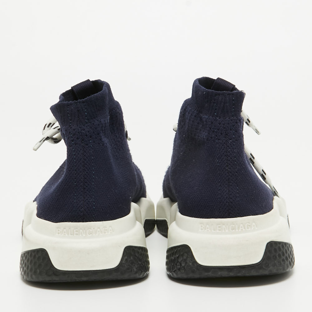 Balenciaga Navy Blue Knit Speed Trainer High Top Sneakers Size 38