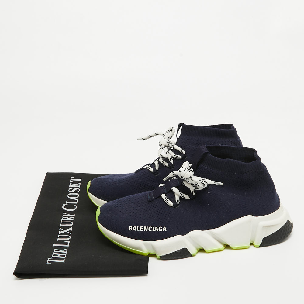 Balenciaga Navy Blue Knit Speed Trainer High Top Sneakers Size 38