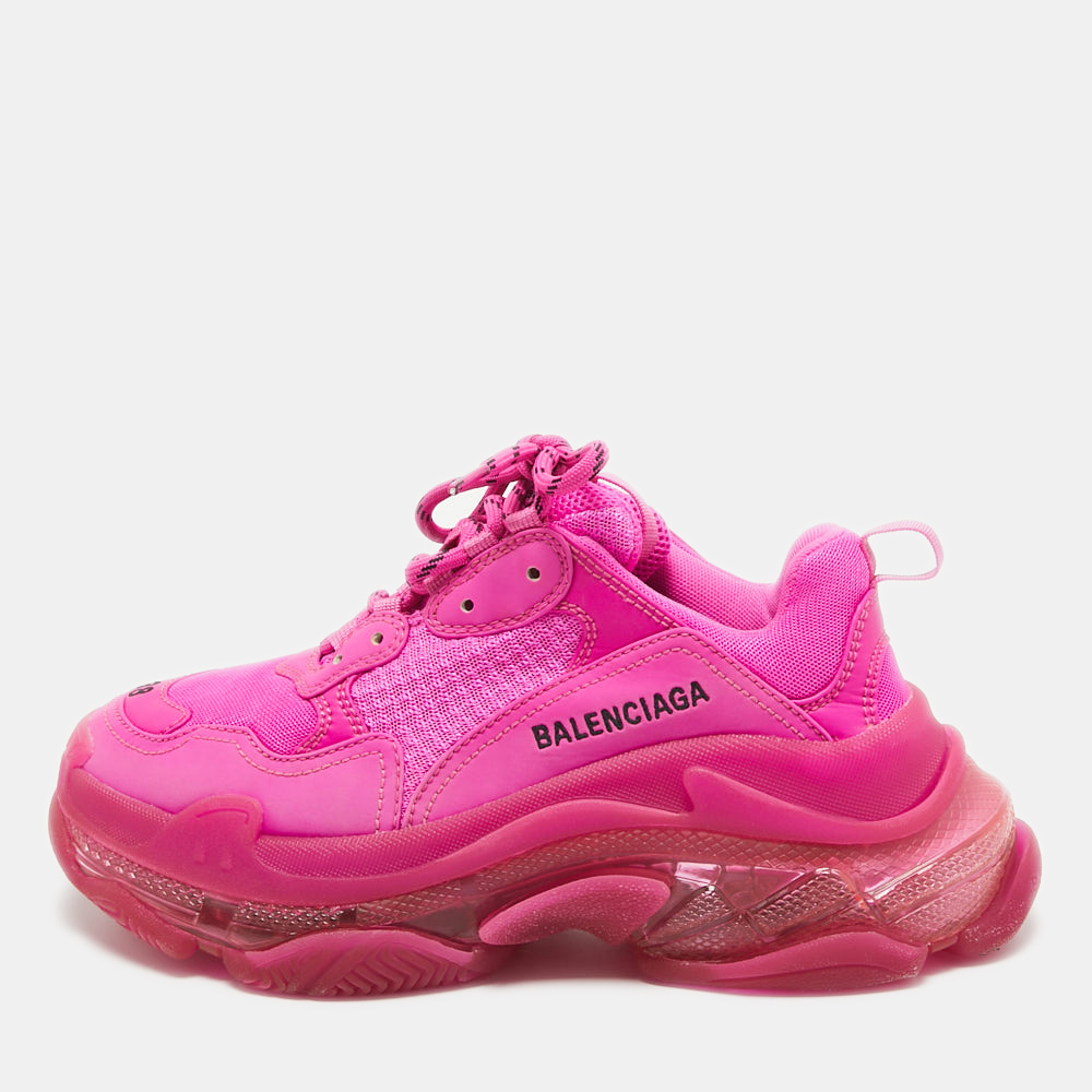 Balenciaga Pink Nubuck Leather And Mesh Triple S Clear Sole Sneakers Size 38