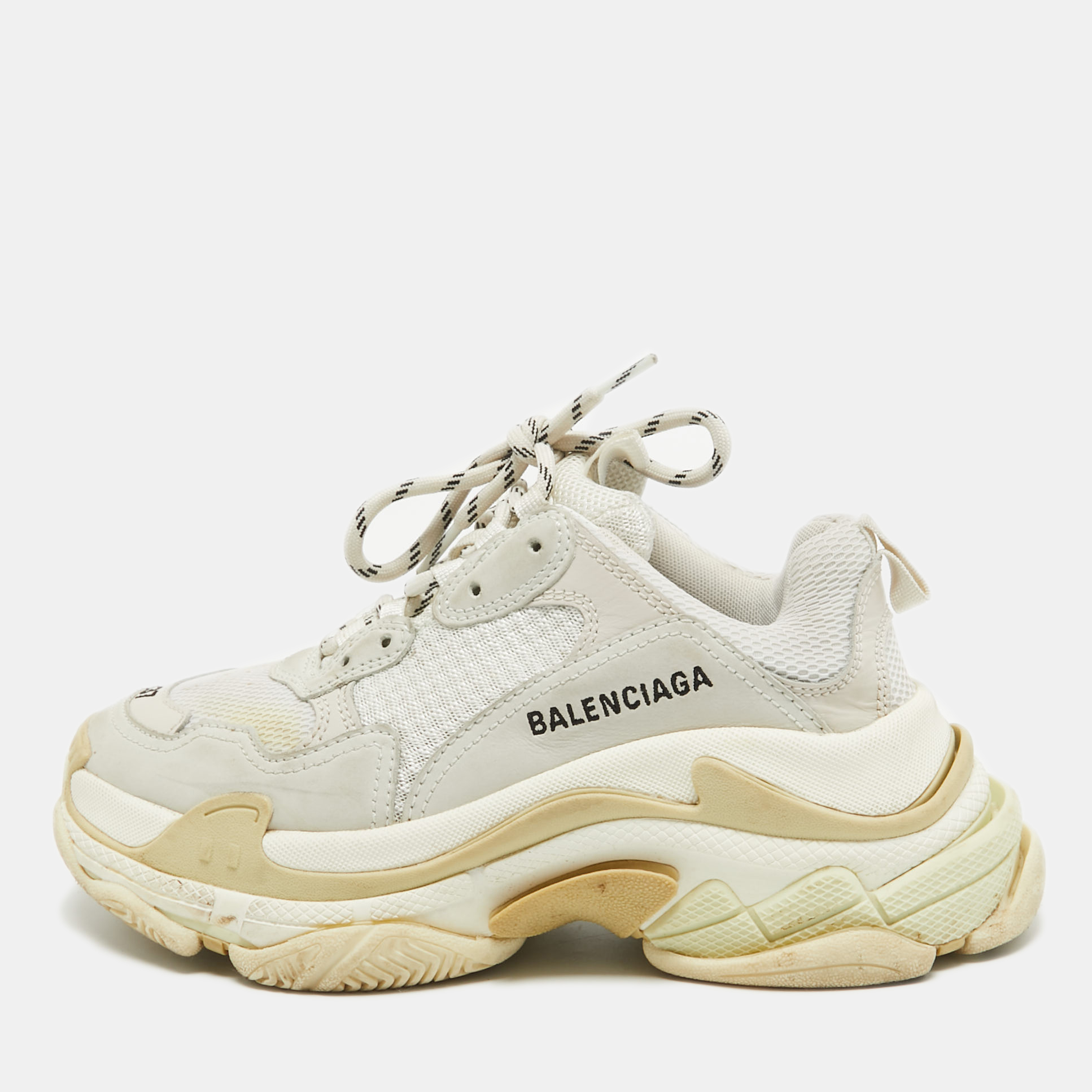 Balenciaga White/Grey Mesh And Leather Triple S Low Top Sneakers Size 37