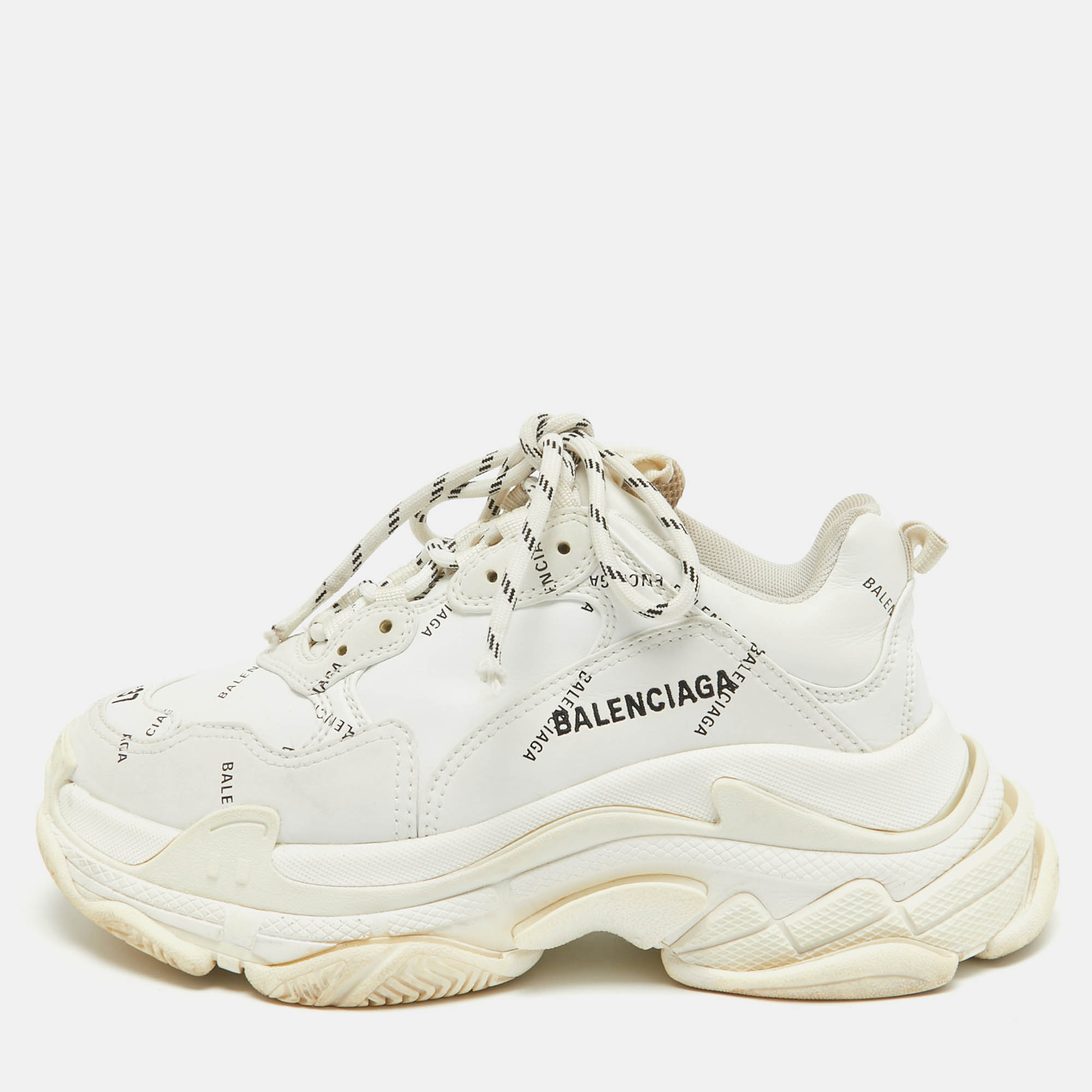 Balenciaga white faux leather triple s allover logo sneakers size 37