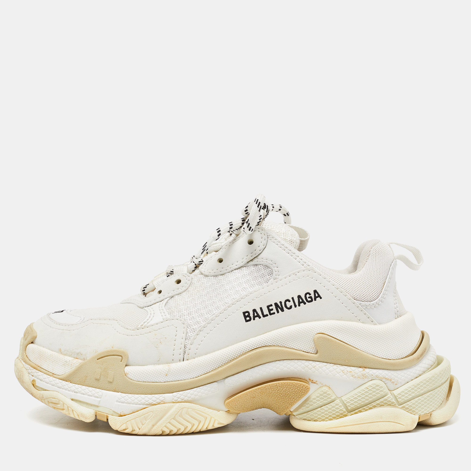 Balenciaga white mesh and faux leather triple s lace up sneakers size 37