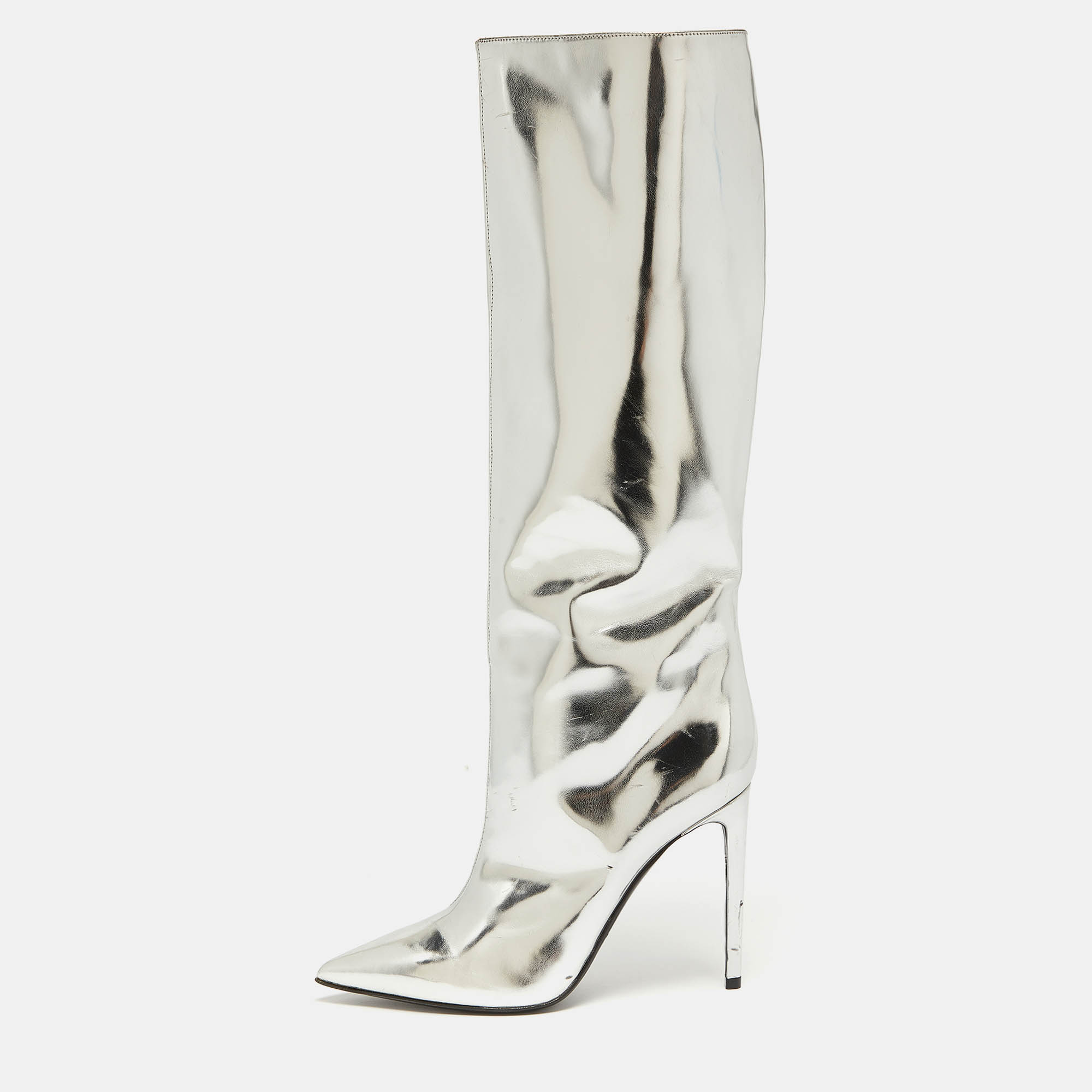 Balenciaga silver leather knee length boots size 38.5