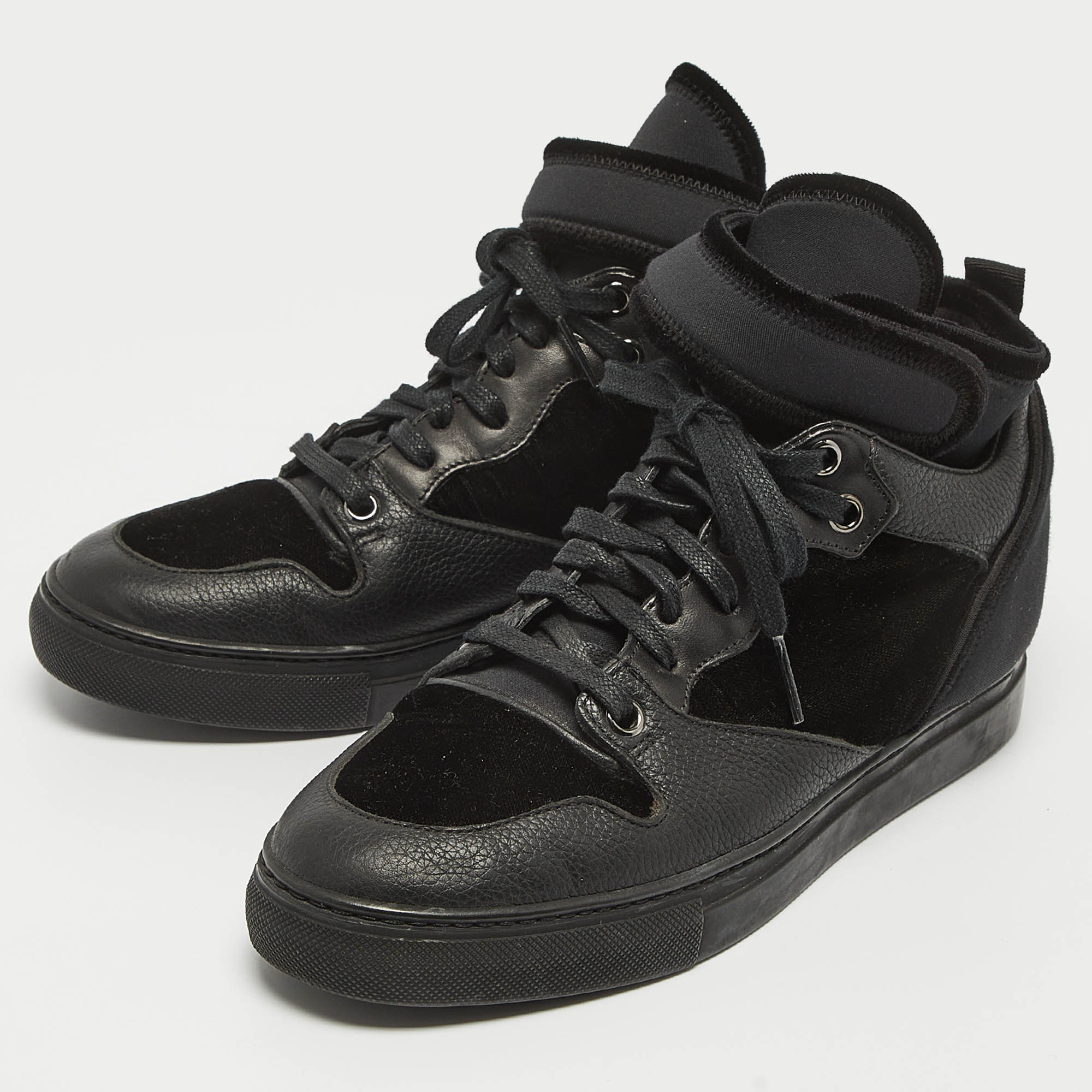 Balenciaga Black Velvet And Leather Velcro Strap High Top Sneakers Size 36