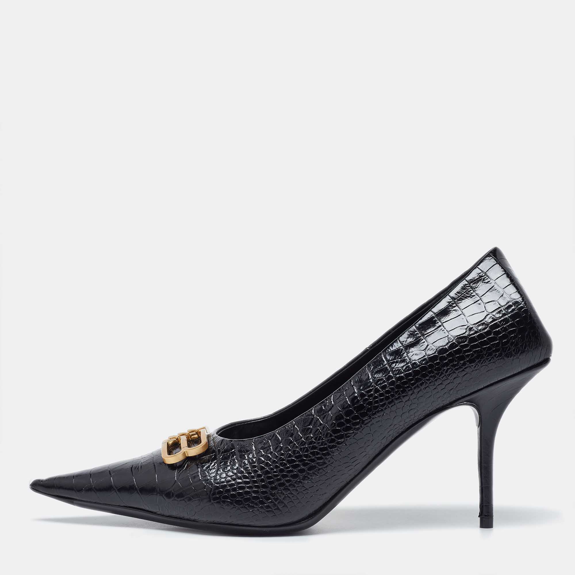 Balenciaga black croc embossed leather knife pointed toe pumps size 40
