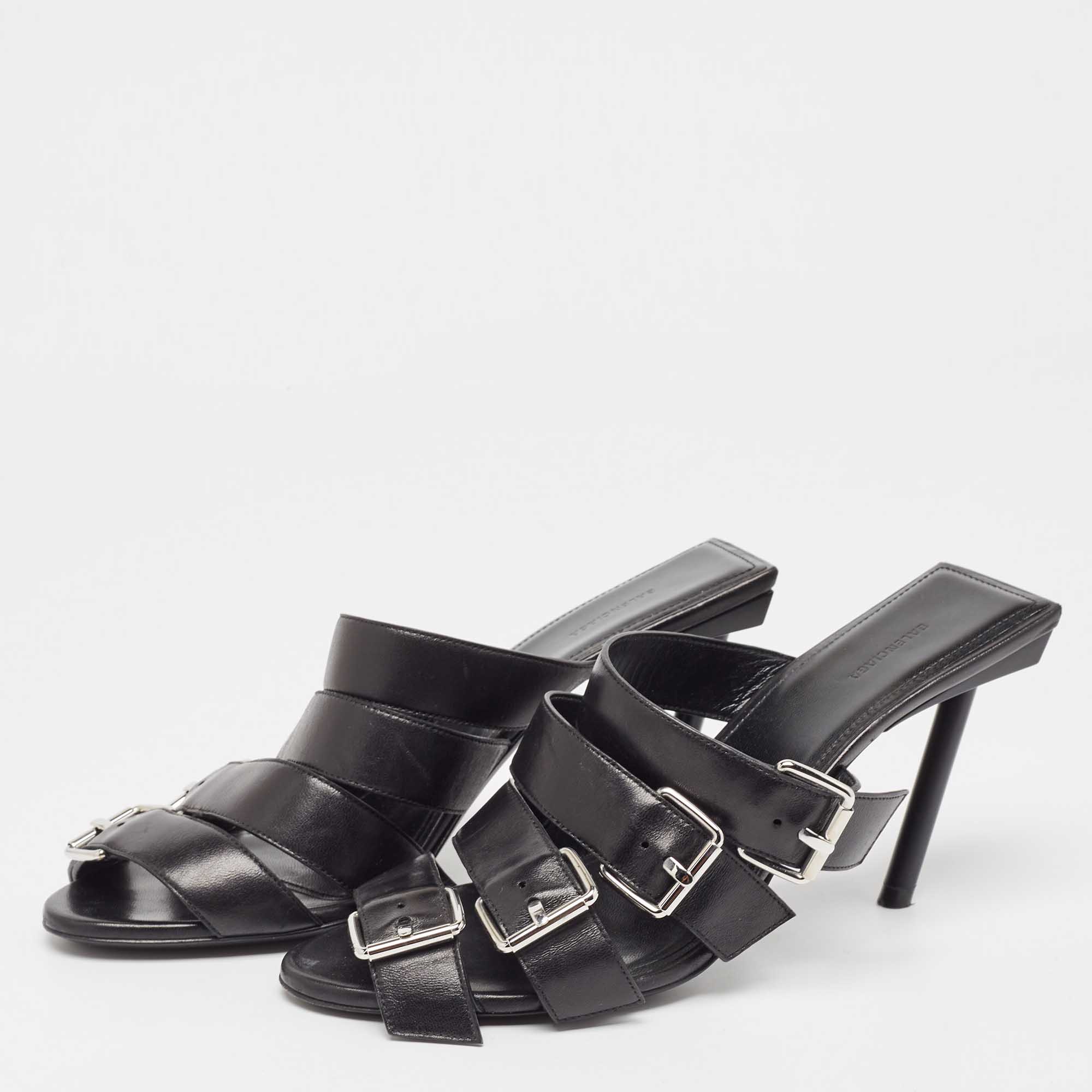 Balenciaga Black Leather Buckle Strappy Slide Sandals Size 39