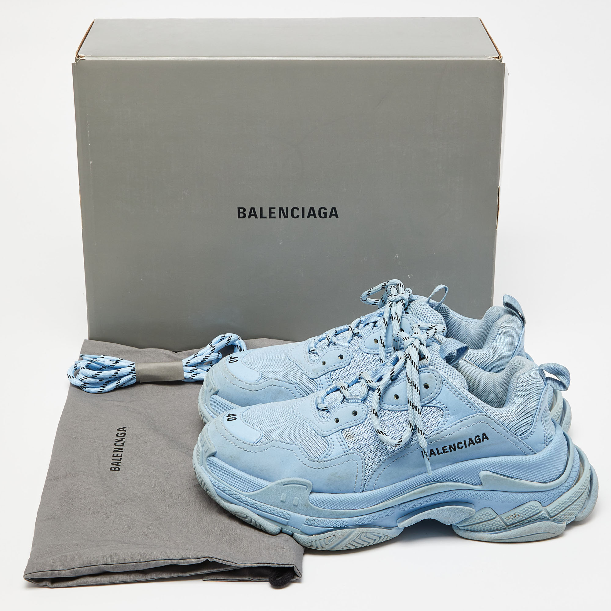 Balenciaga Blue Mesh And Faux Leather Triple S Low Top Sneakers Size 40