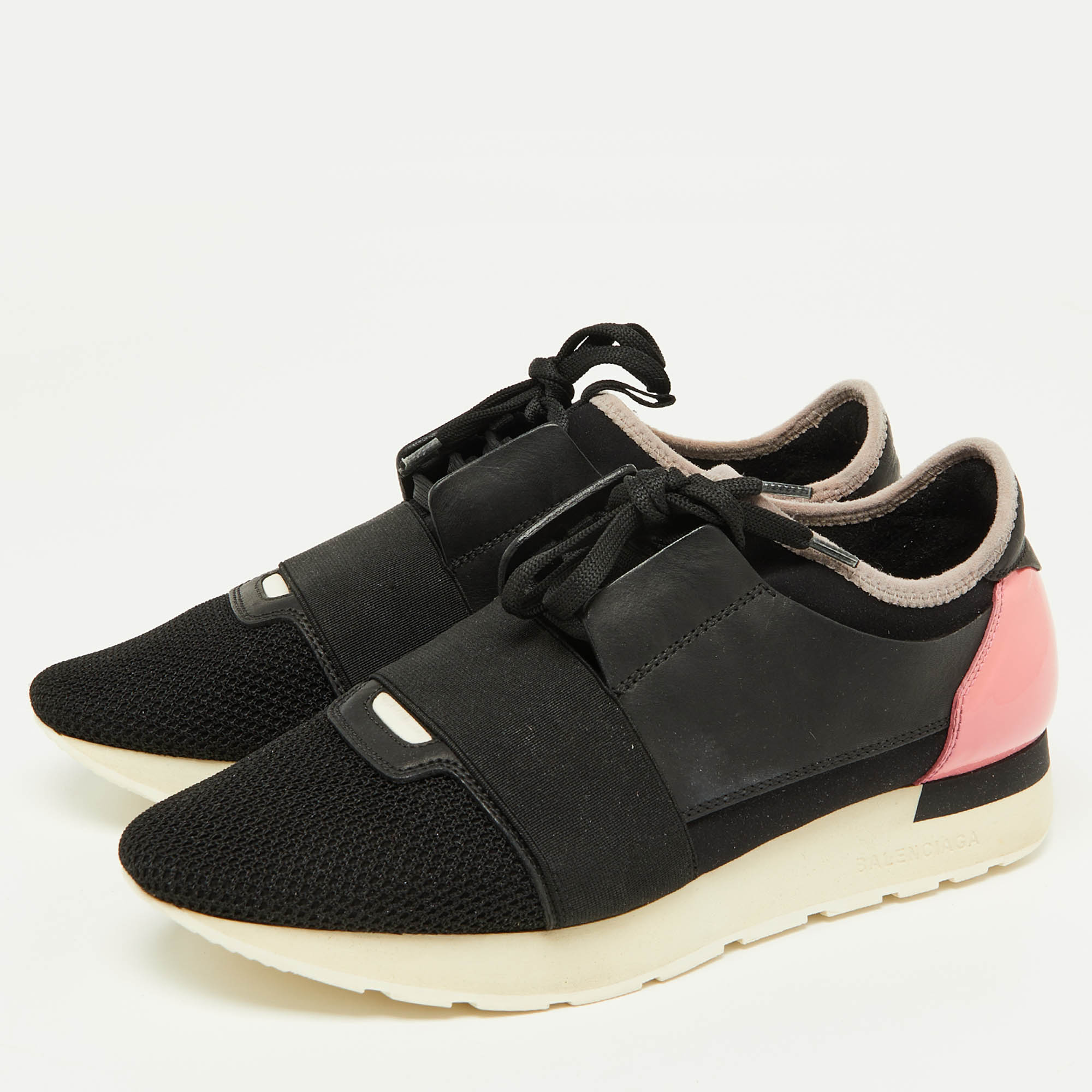 Balenciaga Black/Pink Patent And Mesh Race Runner Sneakers Size 39