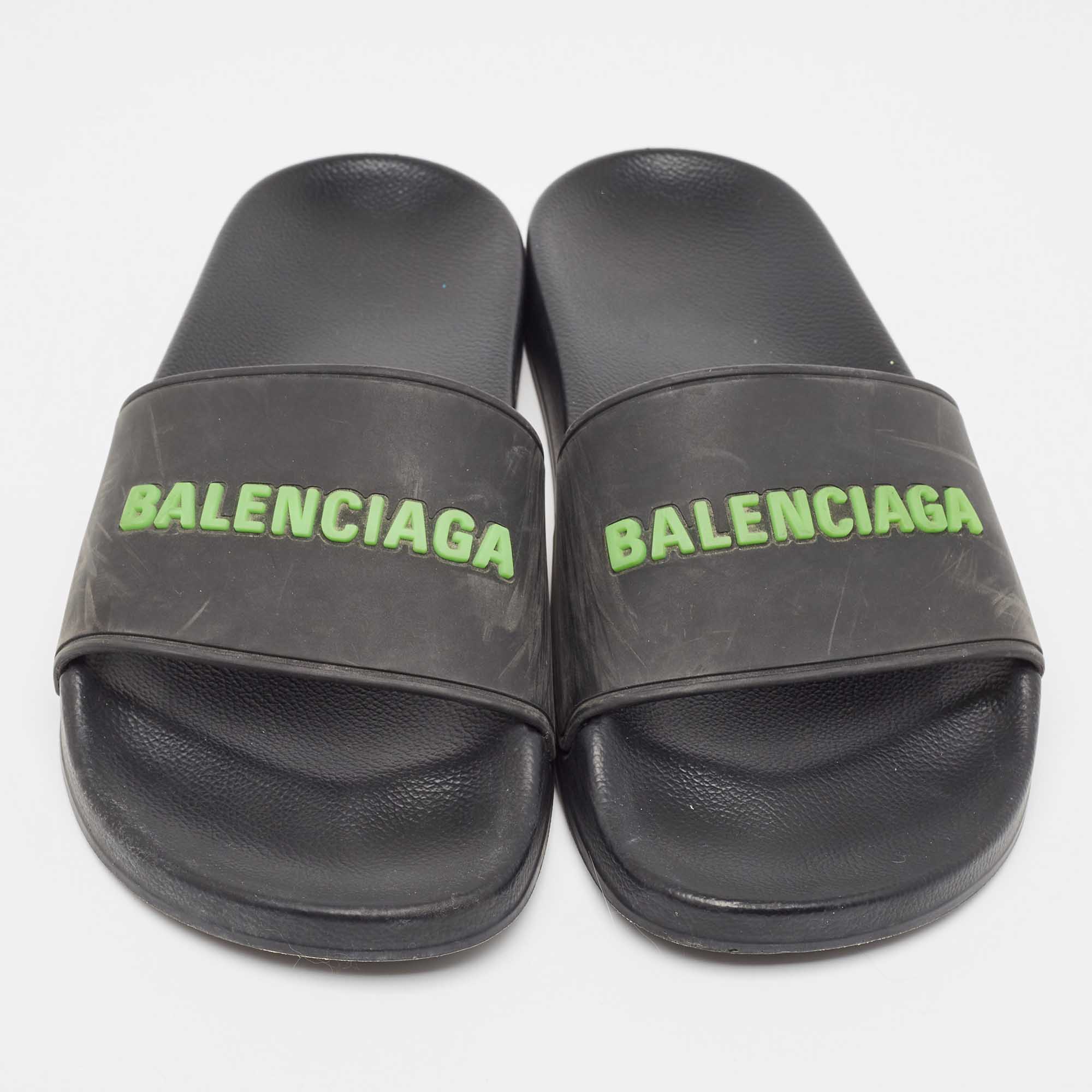 Balenciaga Black Rubber Logo Pool Slides Size 38