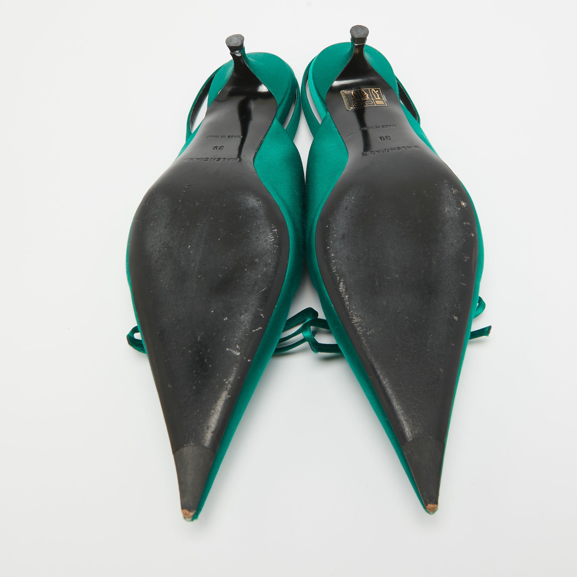 Balenciaga Green Satin Knife Bow Slingback Pumps Size 39