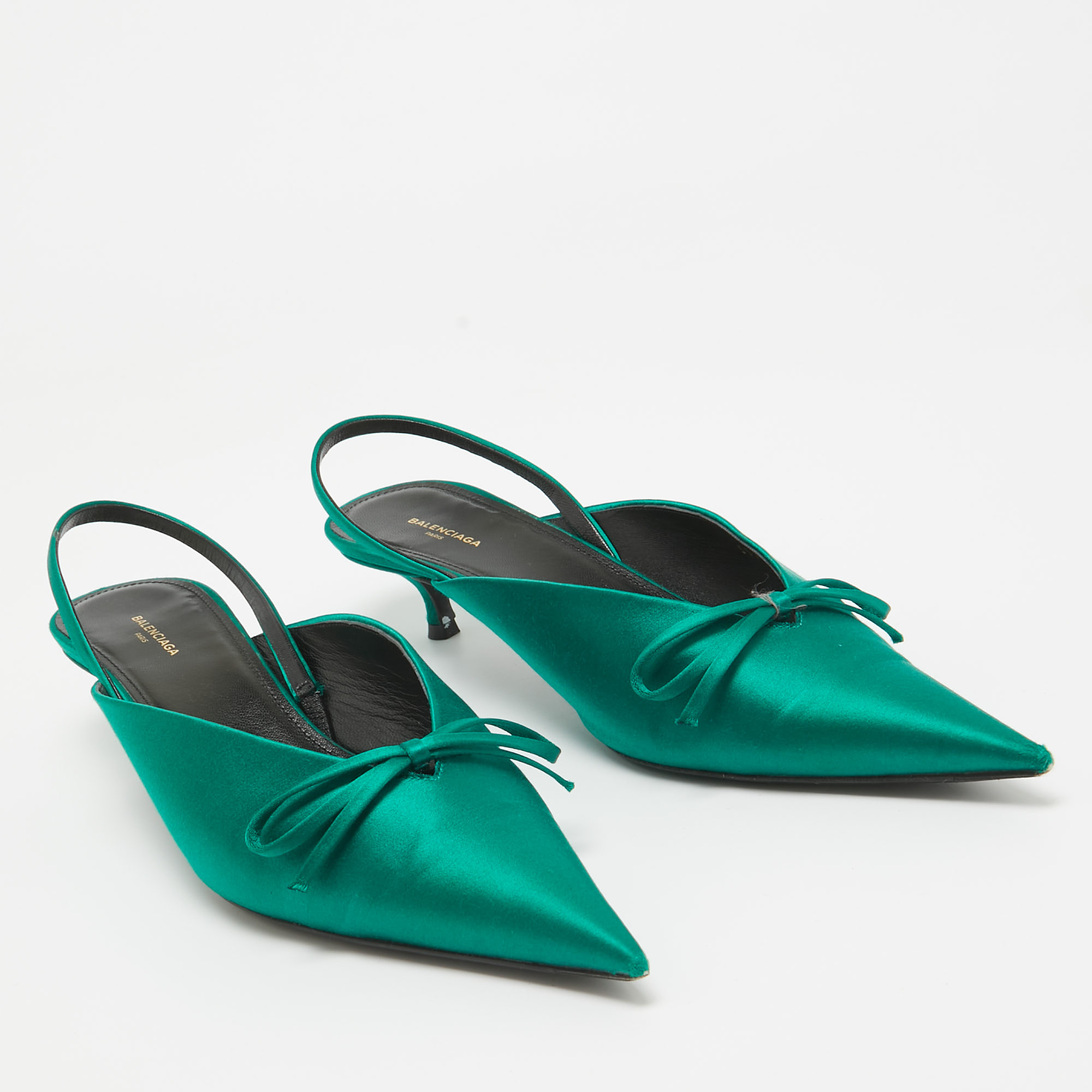 Balenciaga Green Satin Knife Bow Slingback Pumps Size 39