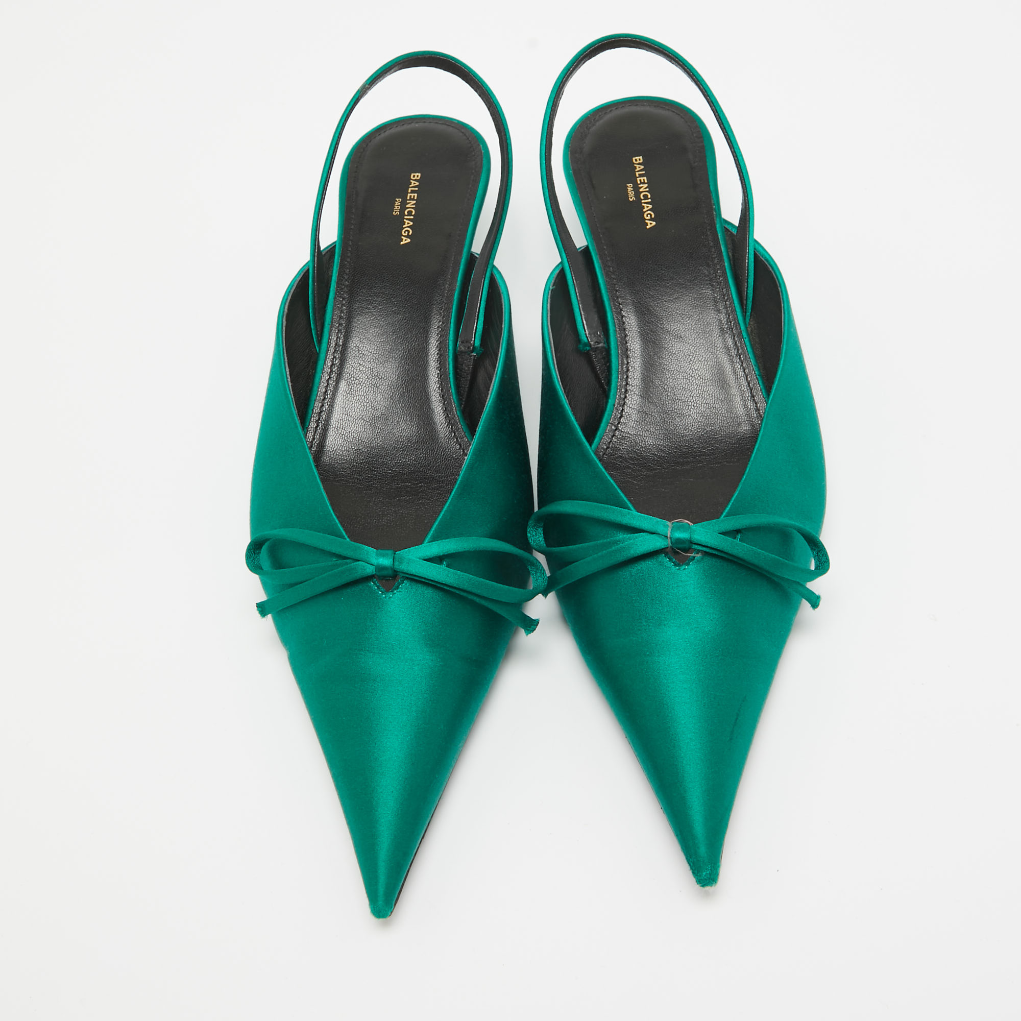 Balenciaga Green Satin Knife Bow Slingback Pumps Size 39