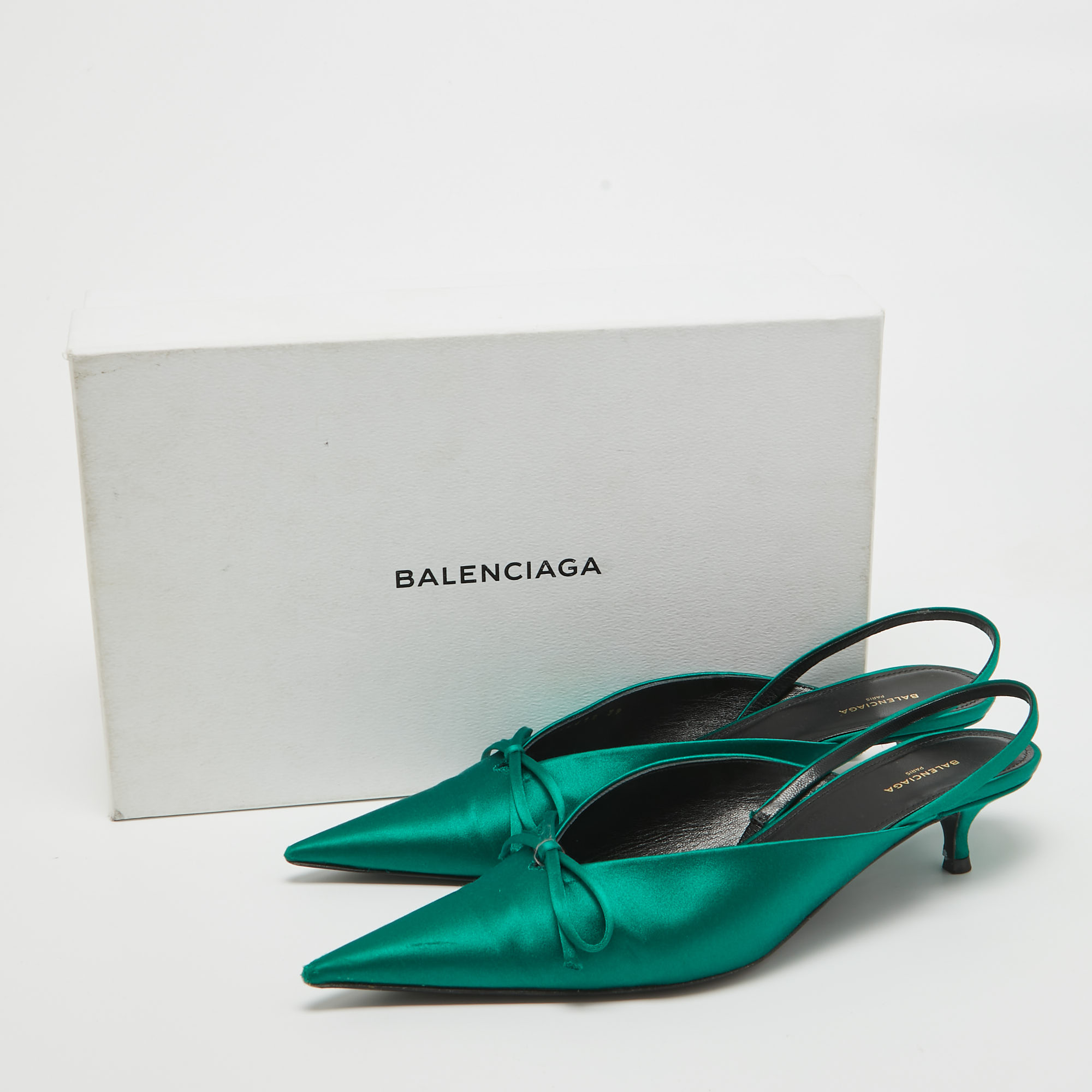 Balenciaga Green Satin Knife Bow Slingback Pumps Size 39