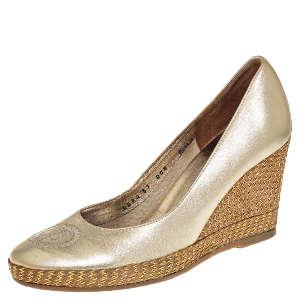 Ballin Gold Leather BB Embroidered Wedge Pumps Size 37