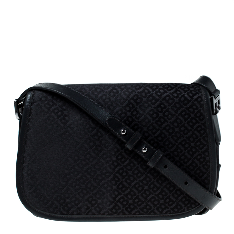 Image of Bally Black Monogram Canvas and Leather Flap Shoulder Bag
