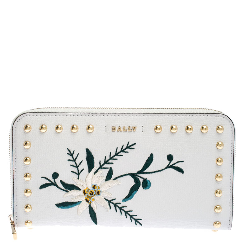 Image of Bally Cream Leather Studded Embroidered Zip Around Wallet