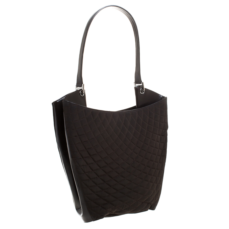Bally Dark Brown Quilted Nylon And Patent Leather Hobo