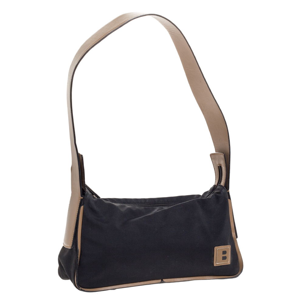 Bally Black/Beige Nylon And Leather Baguette Bag