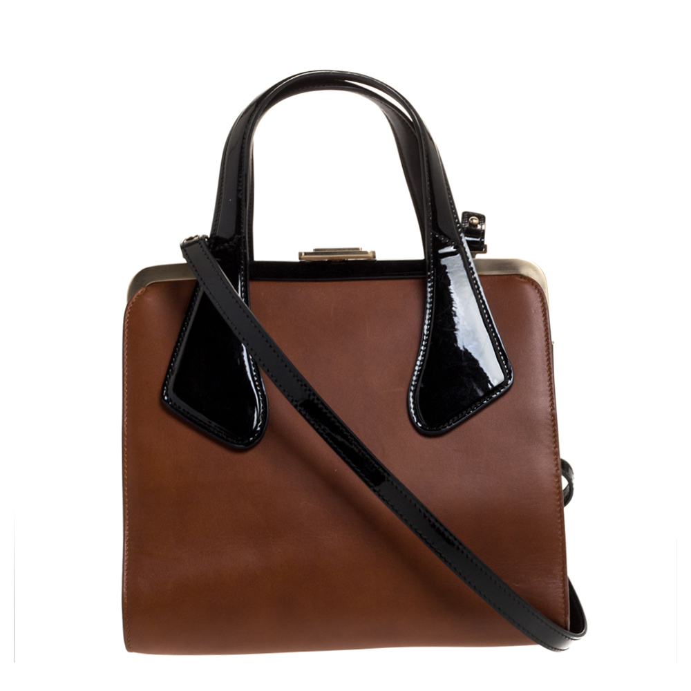 Image of Bally Brown/Black Leather and Patent Leather Frame Top Handle Bag