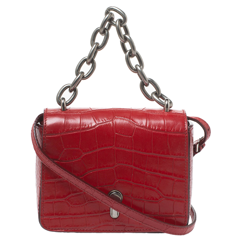 Image of Bally Red Croc Embossed Leather Flap Shoulder Bag