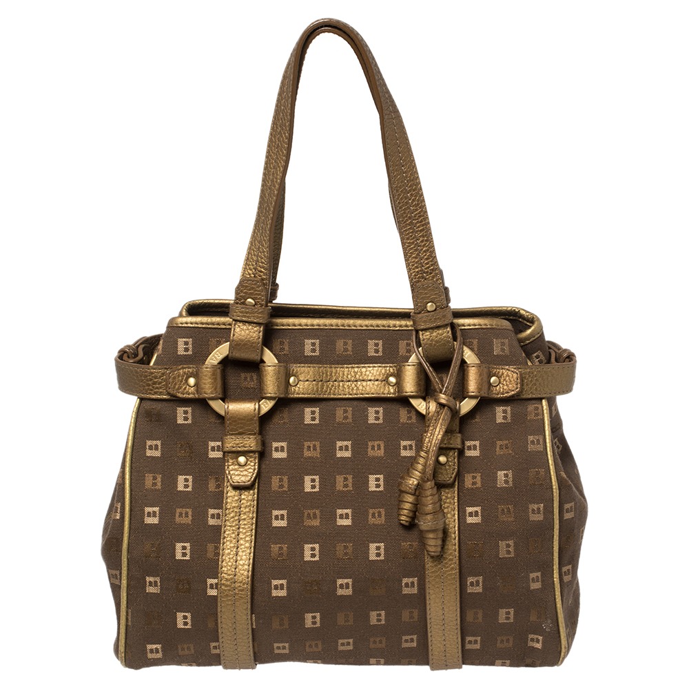 Image of Bally Brown/Gold Canvas and Leather Satchel
