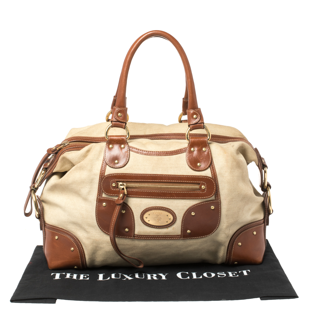 Bally Beige/Brown Canvas And Leather Zip Pocket Satchel