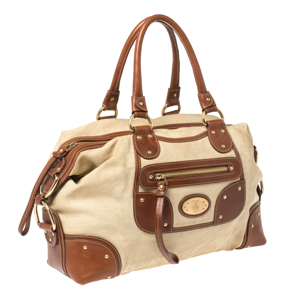 Bally Beige/Brown Canvas And Leather Zip Pocket Satchel