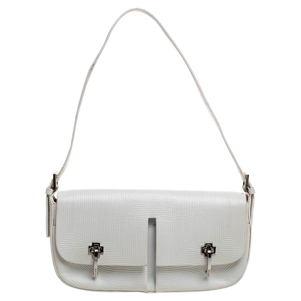 Image of Bally White Textured Leather Double Pocket Flap Shoulder Bag