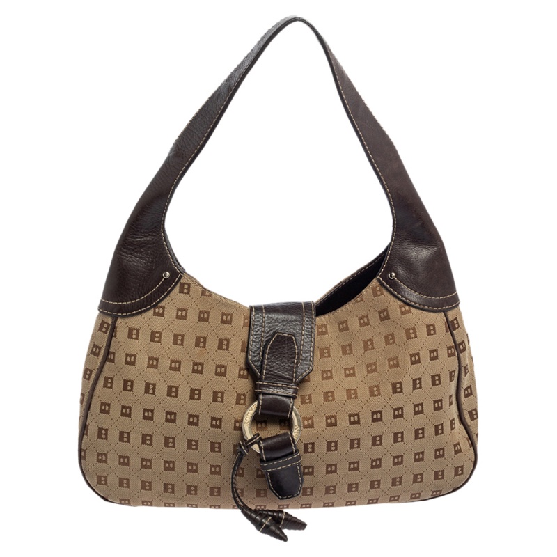 Bally Brown/Beige Monogram Canvas and Leather Flap Hobo