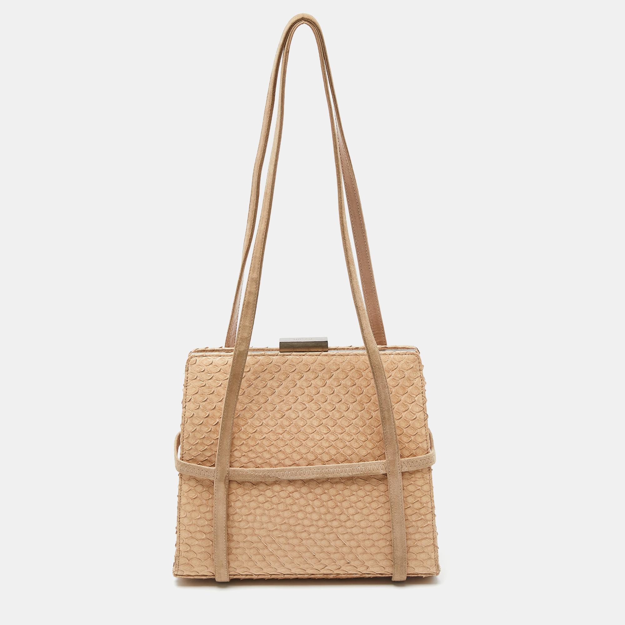 Bally Beige Watersnake Leather And Suede Metal Frame Shoulder Bag