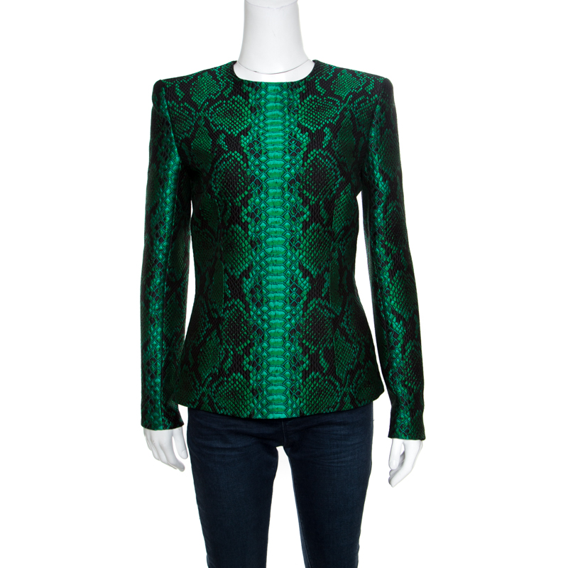 Image of Balmain Green and Black Python Pattern Embossed Jacquard Long Sleeve Top M