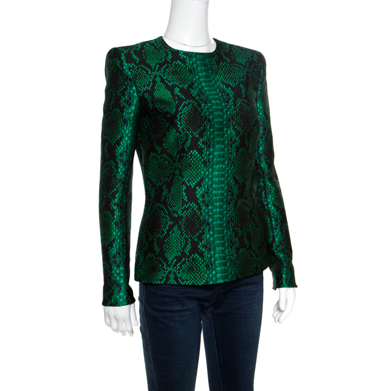 Balmain Green and Black Python Pattern Embossed Jacquard Long Sleeve Top M