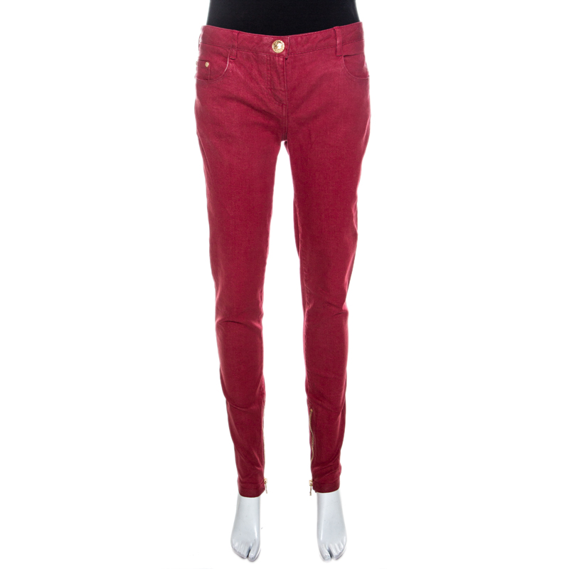 Image of Balmain Red Coated Denim Slim Fit Jeans L