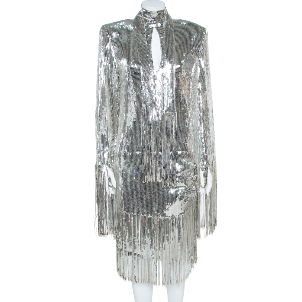 Image of Balmain Silver Sequined Fringed Scarf Dress M