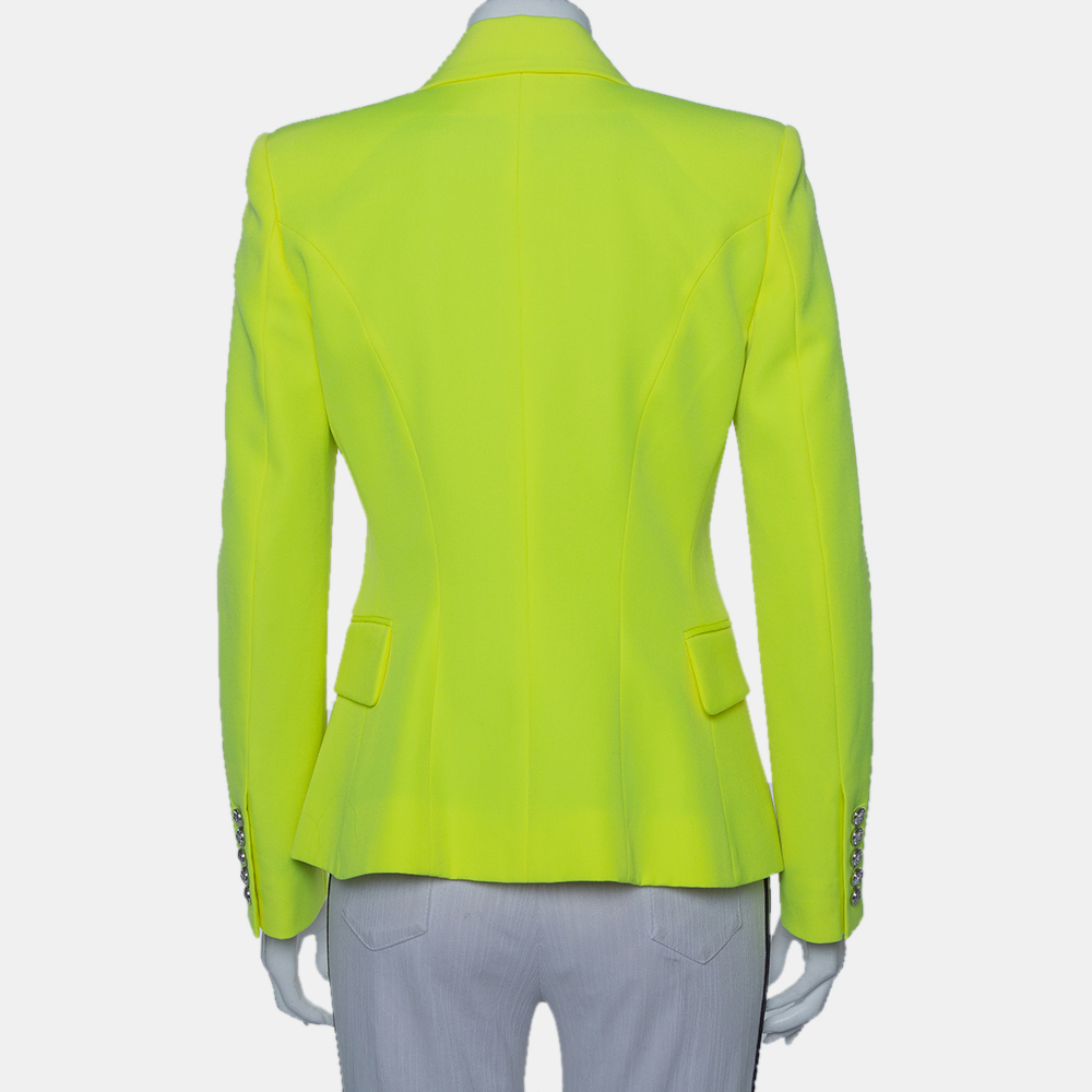 Balmain Neon Yellow Wool Double Breasted Button Front Blazer M