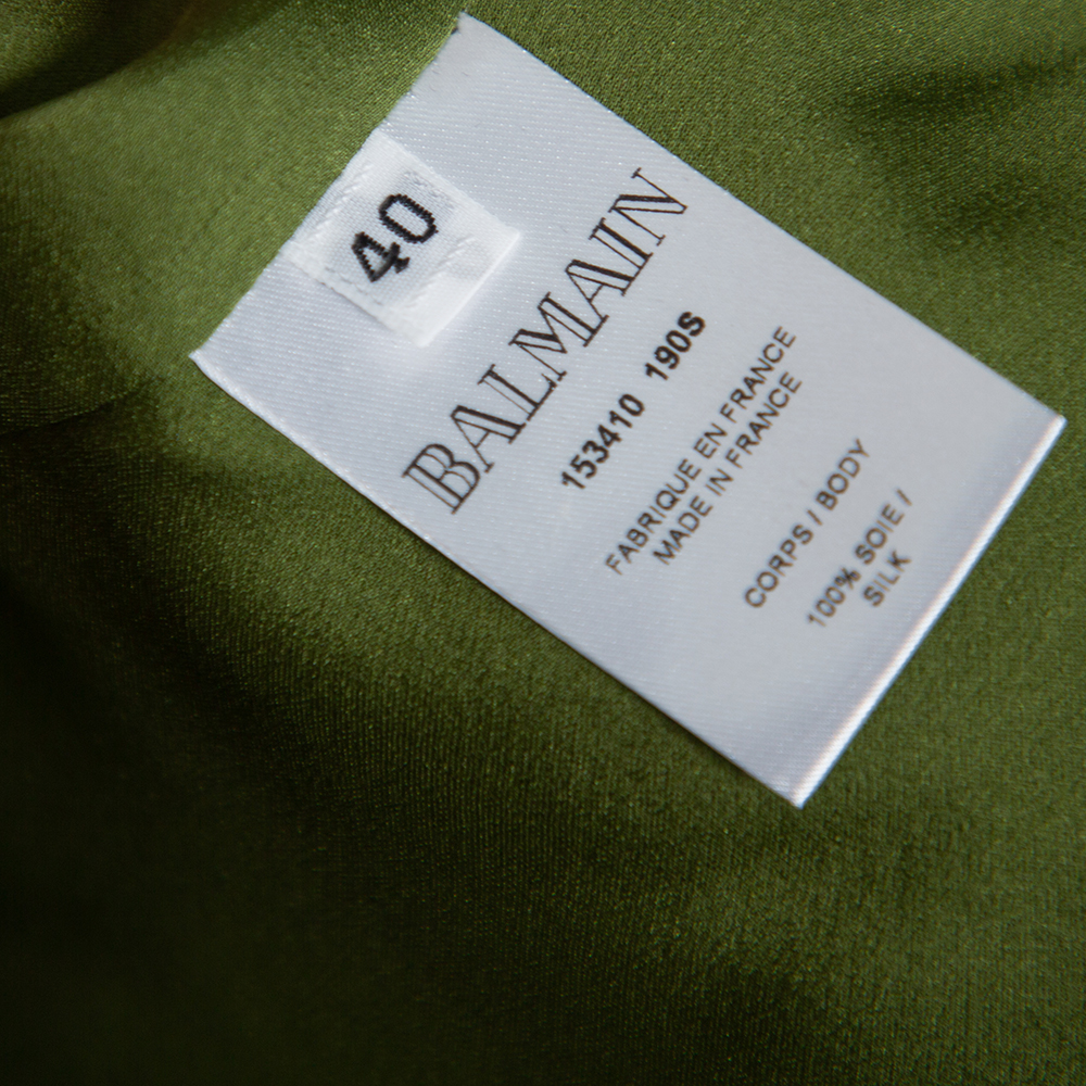 Balmain Green Silk Satin Pleated Front Slit Detail Maxi Dress S