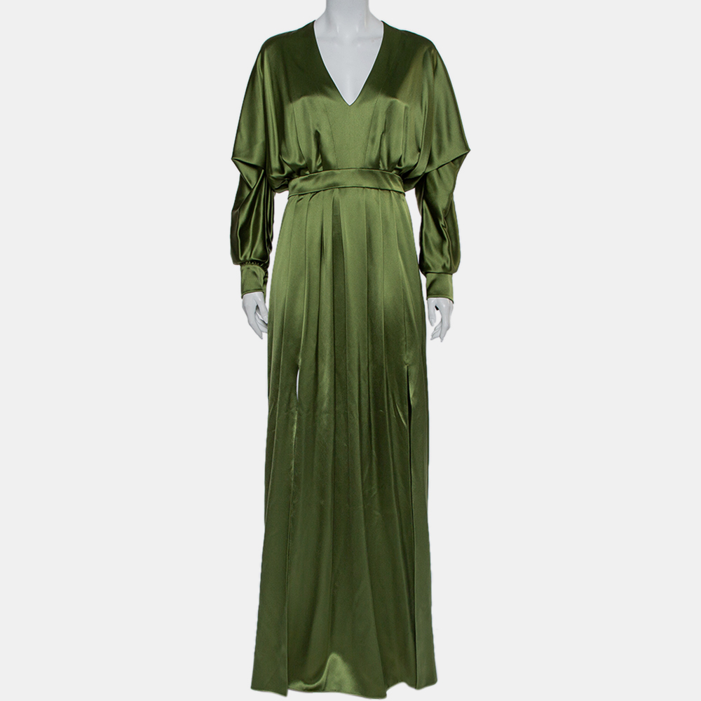 Balmain green silk satin pleated front slit detail maxi dress s
