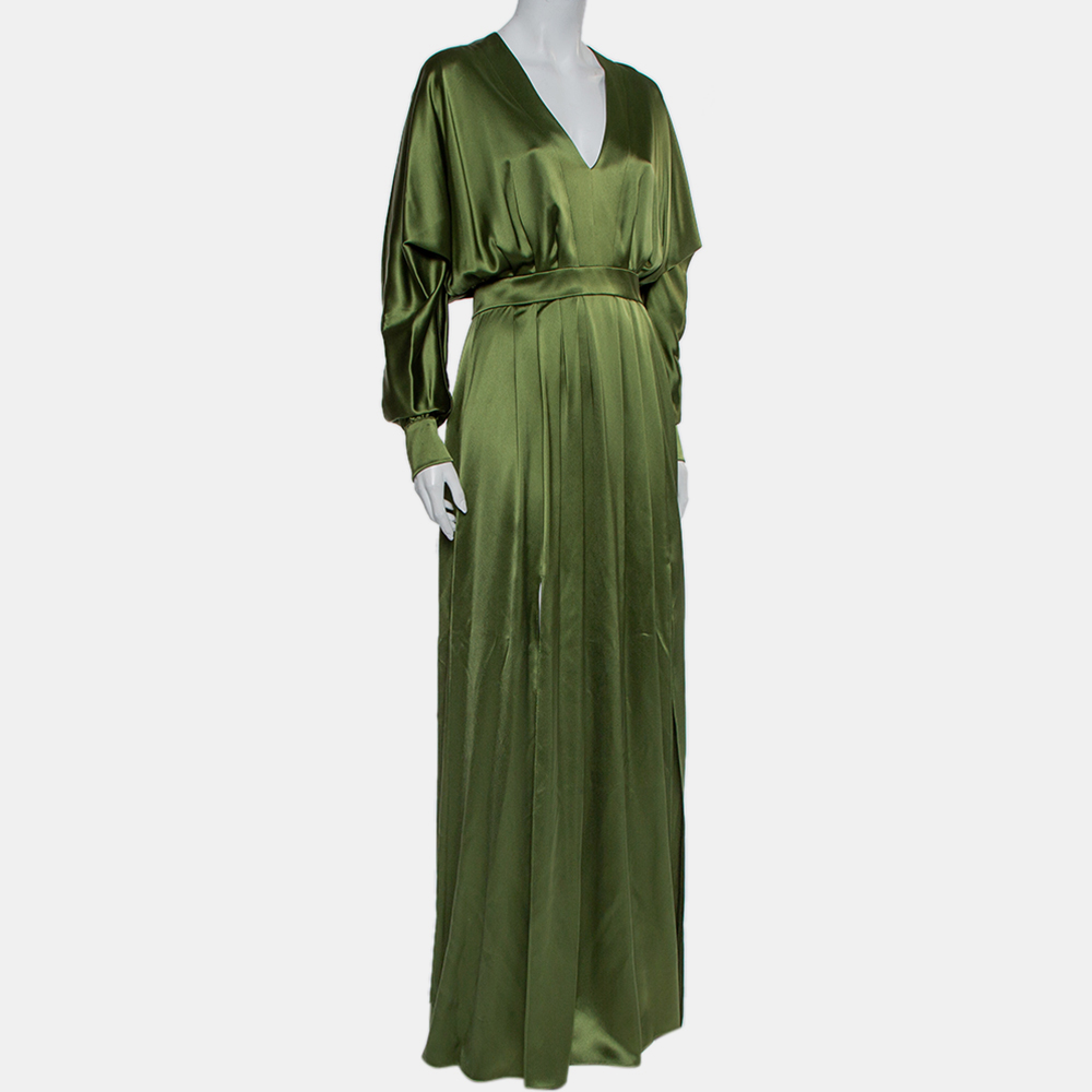 Balmain Green Silk Satin Pleated Front Slit Detail Maxi Dress S